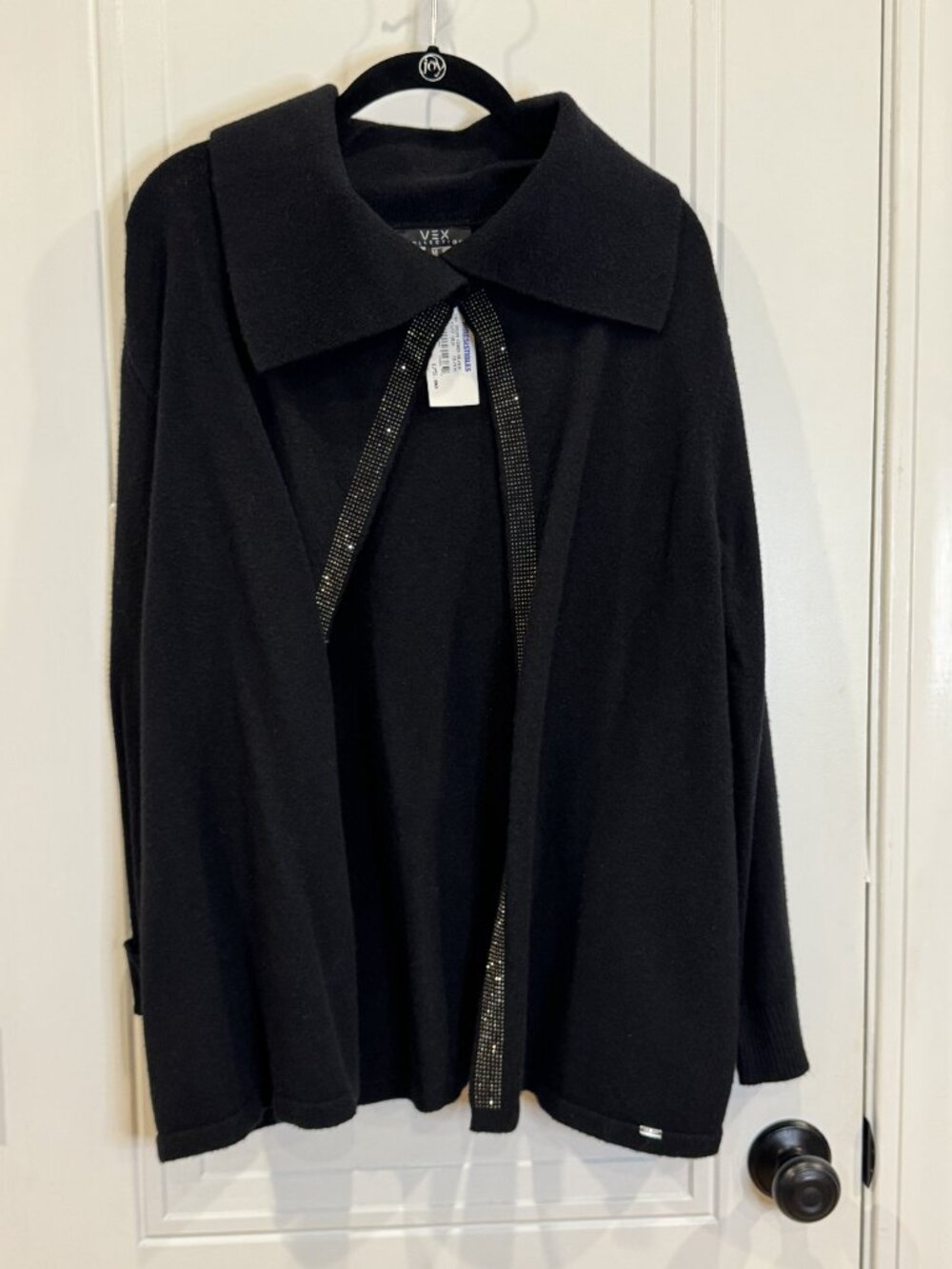 NWT Vex Collection Rhinestone Beads Trim Black Cardigan M Snap Closure Classic - Picture 3 of 10